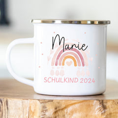 Personalisierte Emailletasse Schulkind 202 Regenbogen rosa