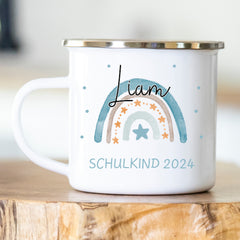 Personalisierte Emailletasse Schulkind 203 Regenbogen blau