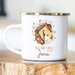 Personalisierte Emailletasse Schulkind 209 Pferd