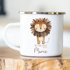 Personalisierte Emailletasse Schulkind 21 Löwe