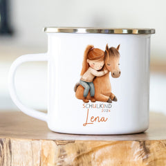 Personalisierte Emailletasse Schulkind 216 Pferdemädchen
