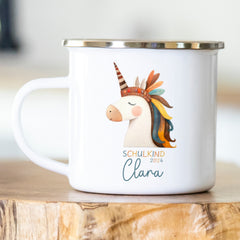 Personalisierte Emailletasse Schulkind 217 Boho Einhorn