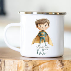 Personalisierte Emailletasse Schulkind 219 Superheld