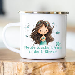 Personalisierte Emailletasse Schulkind 229 Meerjungfrau taucht ab