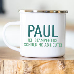 Personalisierte Emailletasse Schulkind 232 Dino