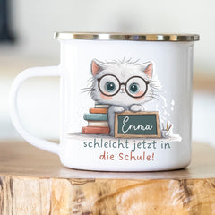Personalisierte Emailletasse Schulkind 235 Schulkatze