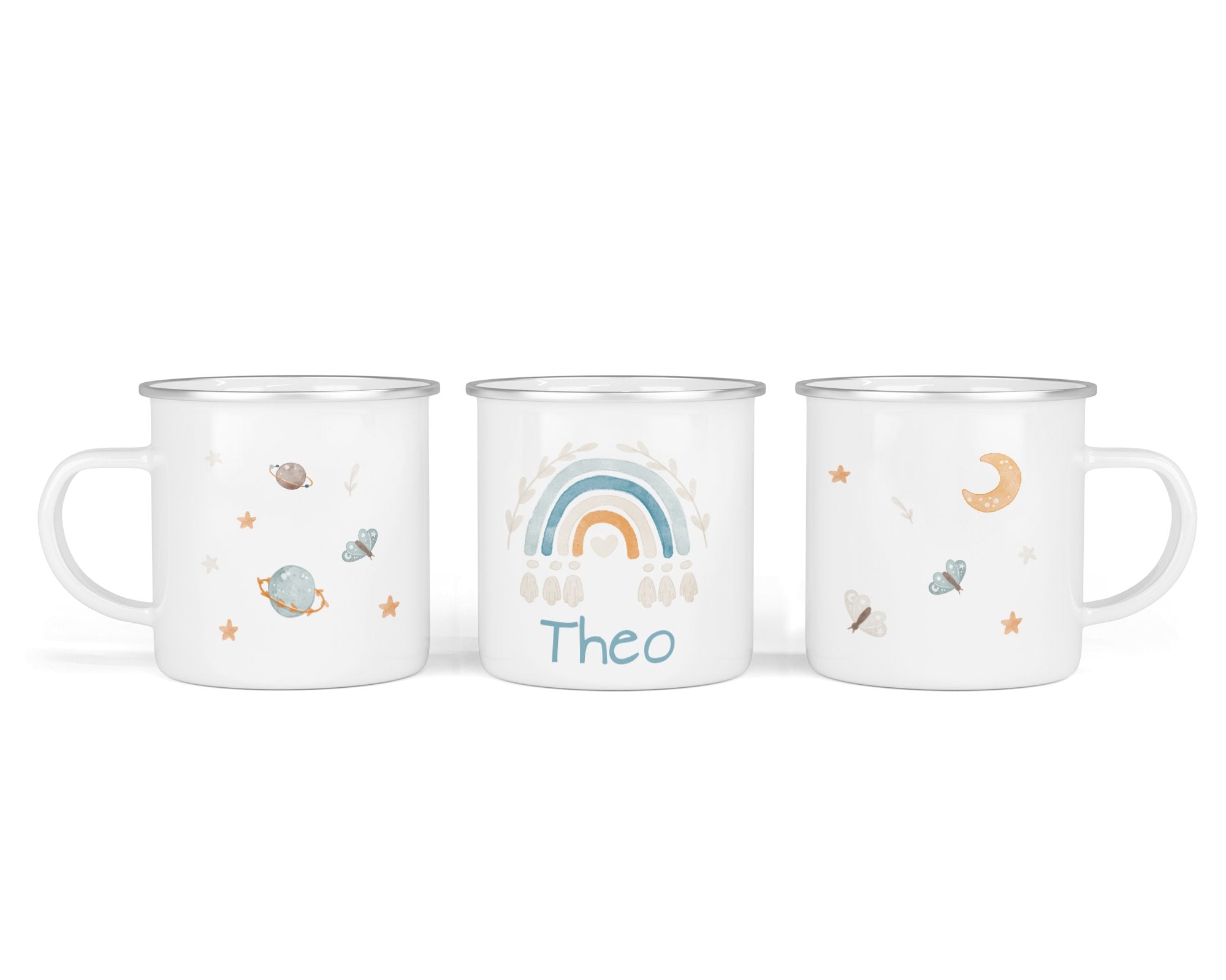 Personalisierte Emailletasse 4.boho rainbow blau - Mamikes